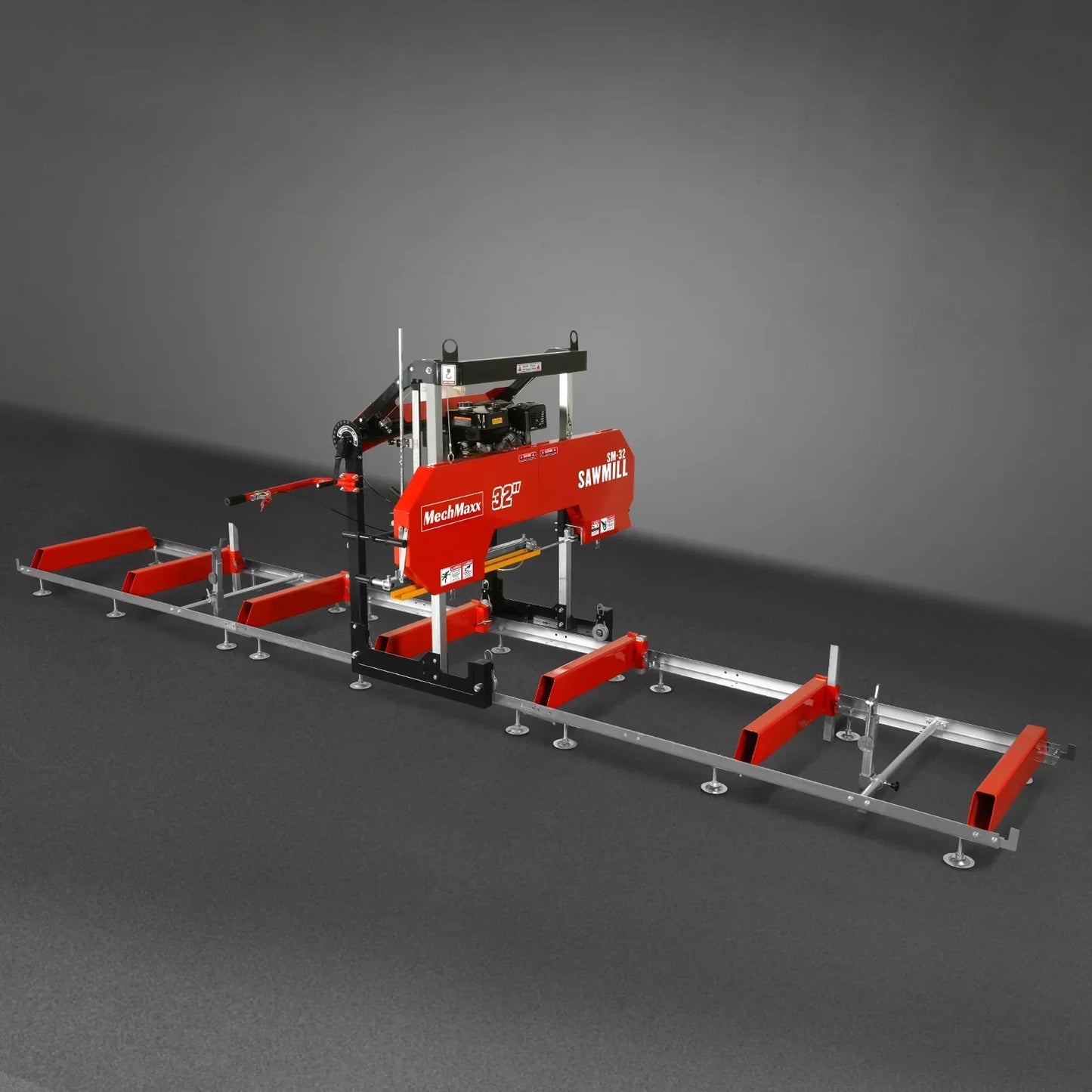 32" Portable Sawmill (5 x Blades Included), 459cc 15HP E-Start Gasoline Engine, 29" Board Width, 20' Track Length (13' Track Length + 6.6' Track Extension Included) , SM-32